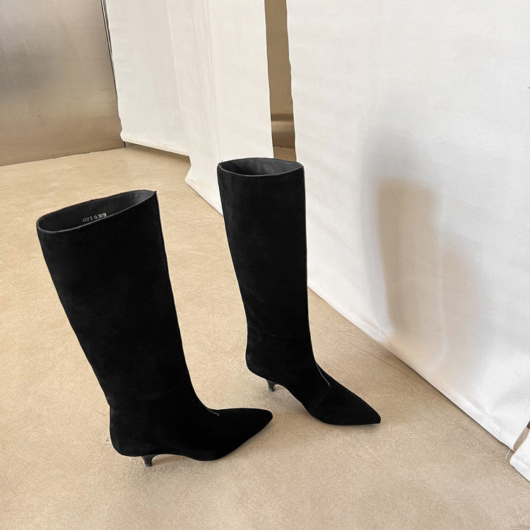 Karin Luna In Stock Spot Goods Retro Cowhide Pointed Toe Stiletto Elegant Long Boots