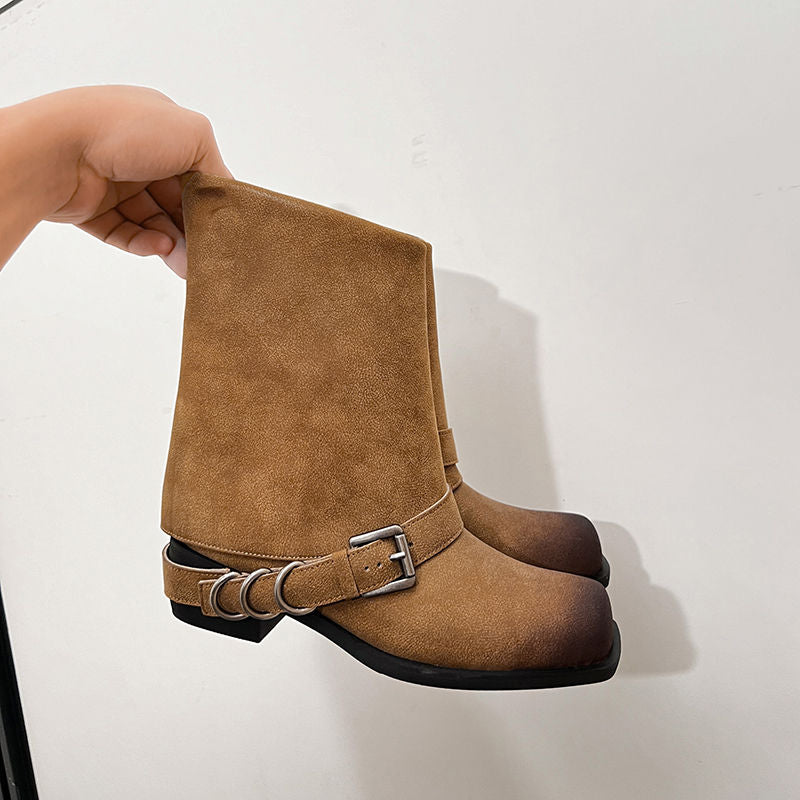 Karin Luna Elegant Style Square Toe Belt Buckle Pants Boot Short Boots