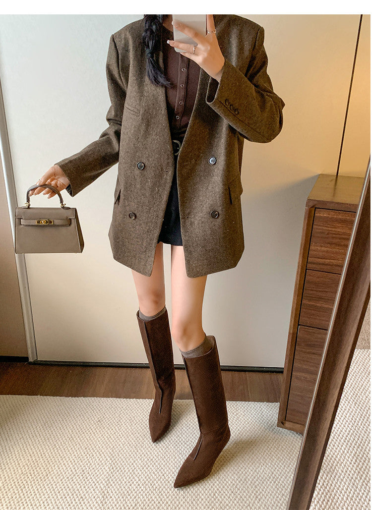 Karin Luna In Stock Spot Goods Retro Cowhide Pointed Toe Stiletto Elegant Long Boots
