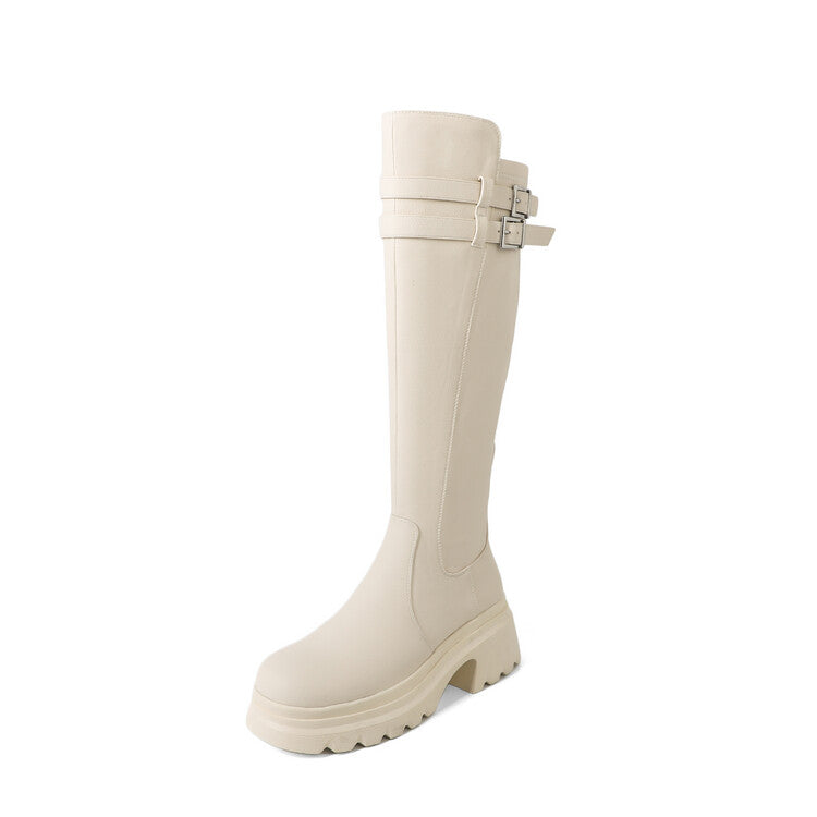 Karin Luna In Stock Best-selling in stock   Super Soft Sheepskin  Round Toe Thick Sole Vintage Belt Buckle Long Boots