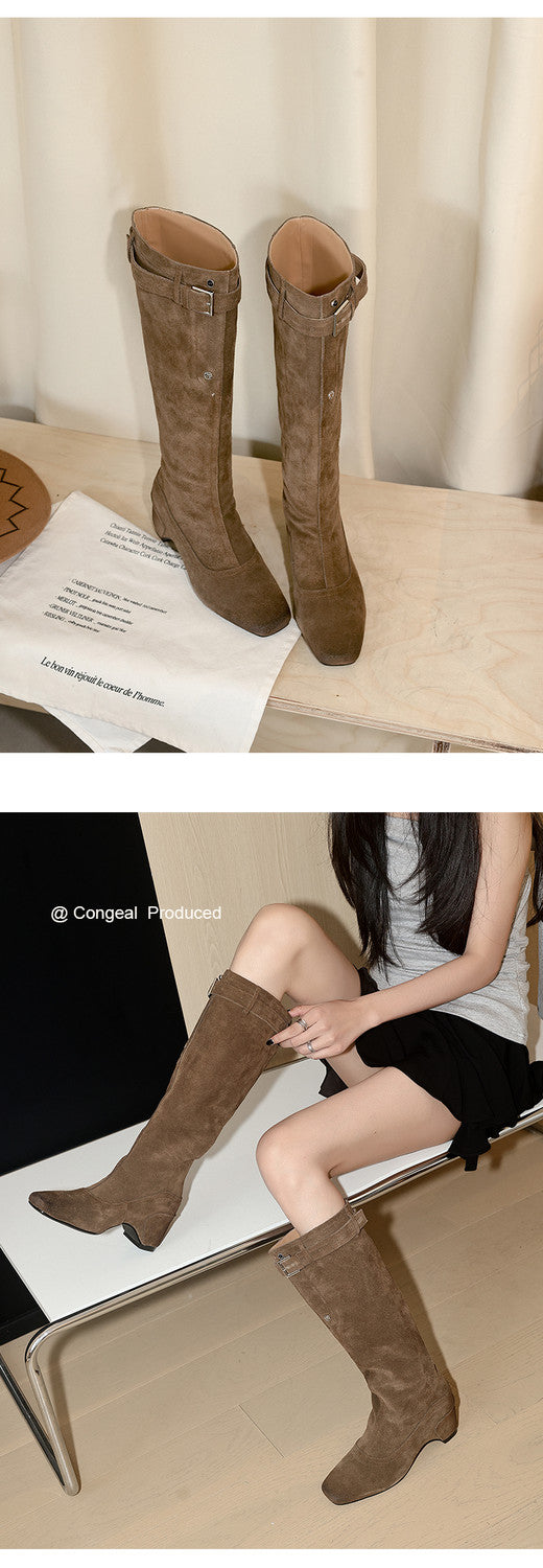 Karin Luna Belt Buckle Elegant Chunky Heel Suede Western Boots