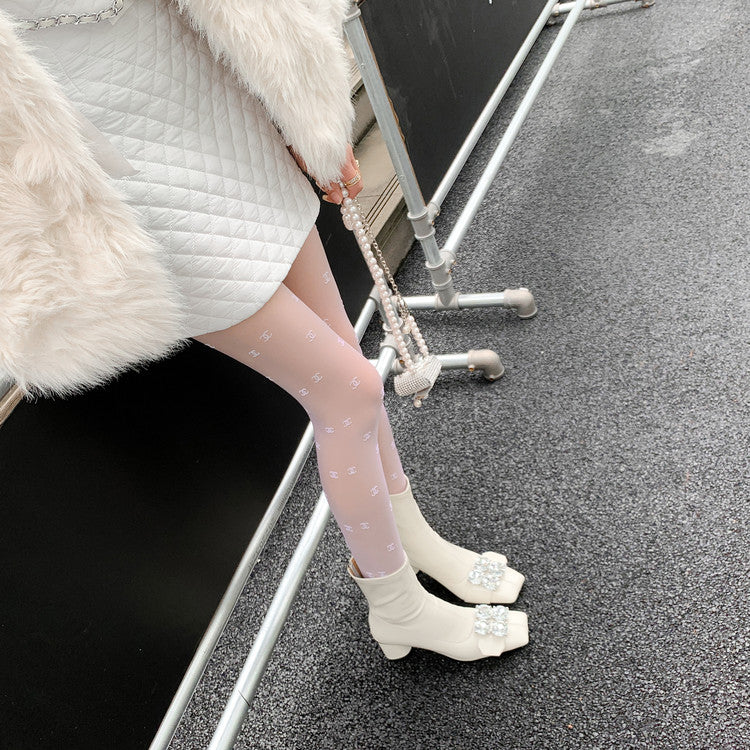 Karin Luna In Stock  Elegant Style Square Toe Rhinestone Chunky Heel Ankle Boots