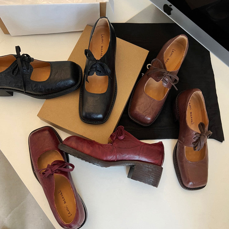 Karin Luna In Stock Spot Goods   Full leather inside and out Vegetable Tanned Hand-Grabbed Sheepskin Square-Toed Chunky Heel Single Shoes