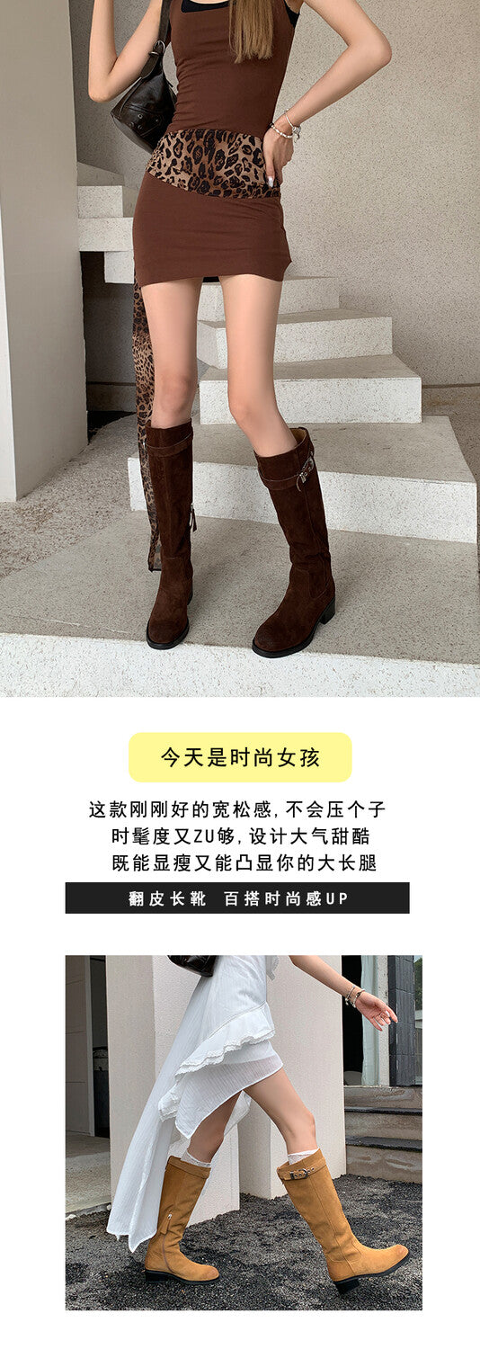 Karin Luna Chunky Heels Round Head Belt Buckle  Fashionable Suede Boots