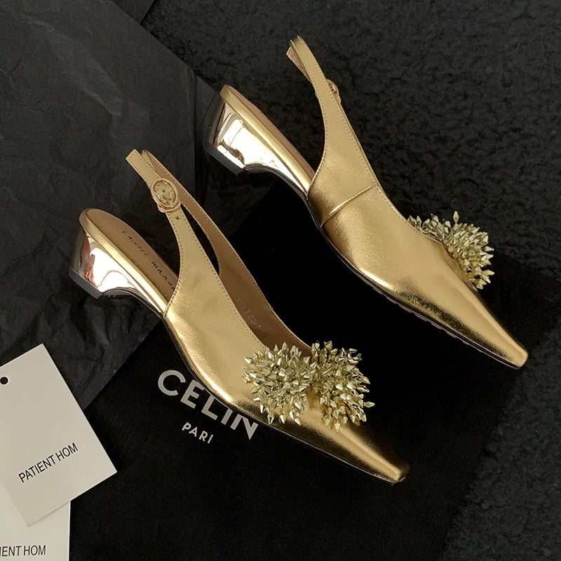 Karin Luna Brilliant Fireworks~Elegant Square-Toed Closed-Toe Chunky Heel Sandals