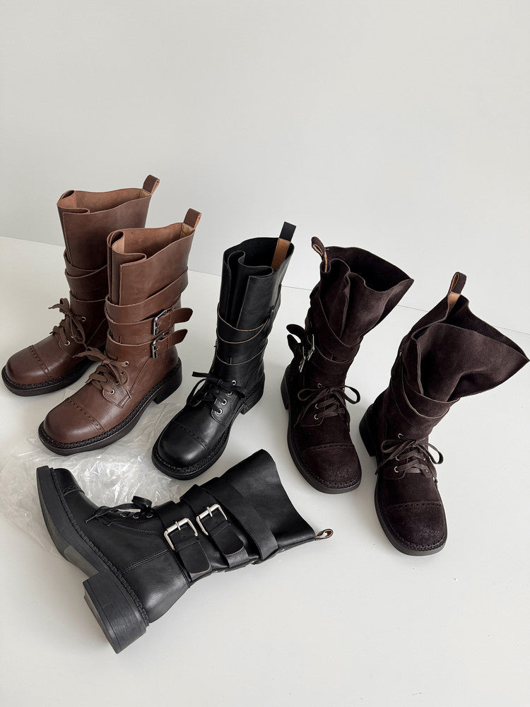 Karin Luna Bestseller Hot-Selling Large Tube Leather Belt Buckle Round Toe Thick-Soled Short Boots