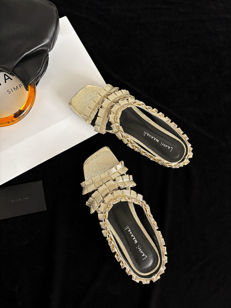 Karin Luna In Stock   Spot Goods  Niche Design Square-Toed Pleated Flat Slippers