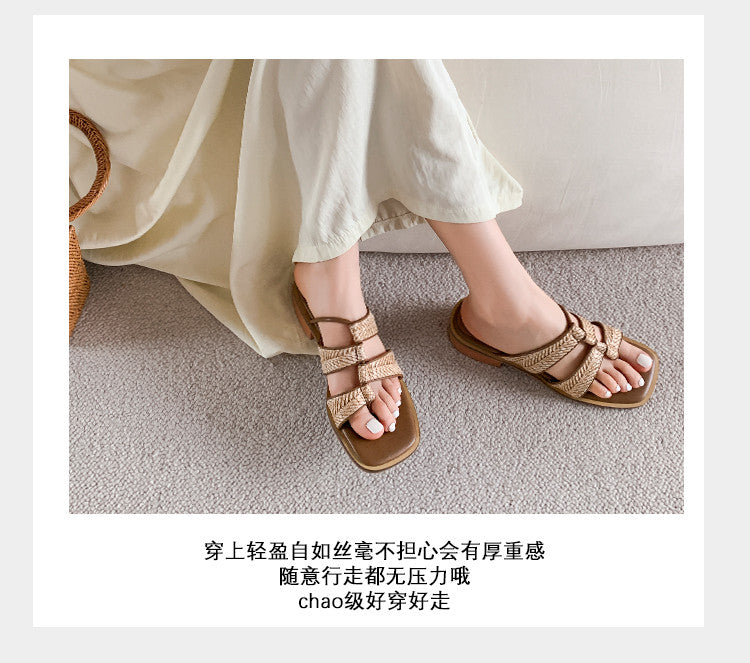 Karin Luna In Stock Spot Goods  Popular Element Woven Style Square Toe Thong Sandals