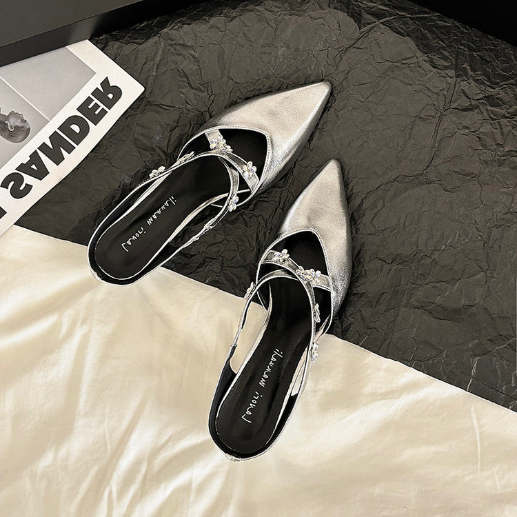 Karin Luna Elegant Pointed Toe Rhinestone Flower High Heel Mules