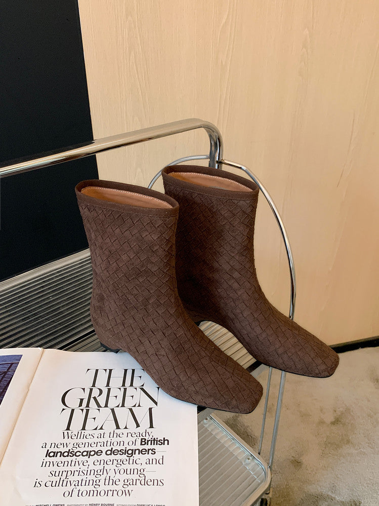 Karin Luna Handmade Woven Fabric Small Square Toe Hidden Heel Short Boots