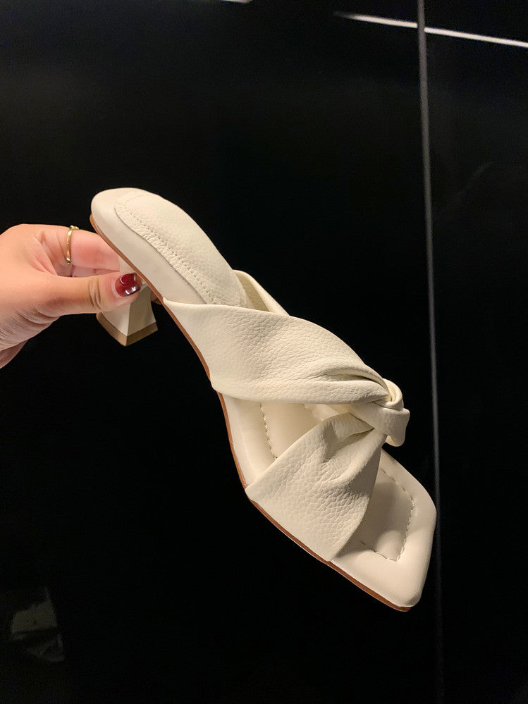 Karin Luna In Stock In Stock  Comfortable Cross Strap  Airy High Heel Square Toe Slippers