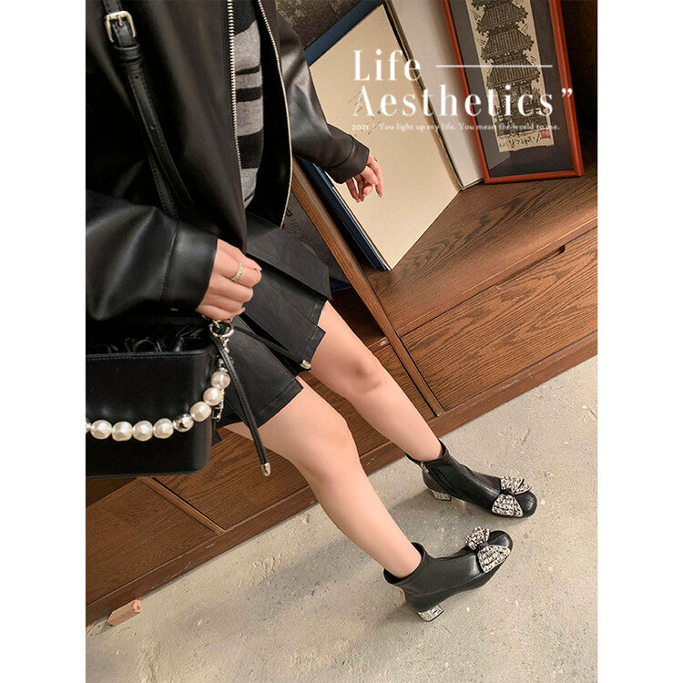 Karin Luna In Stock   Rhinestone Bow Thick Heel Slim Boots