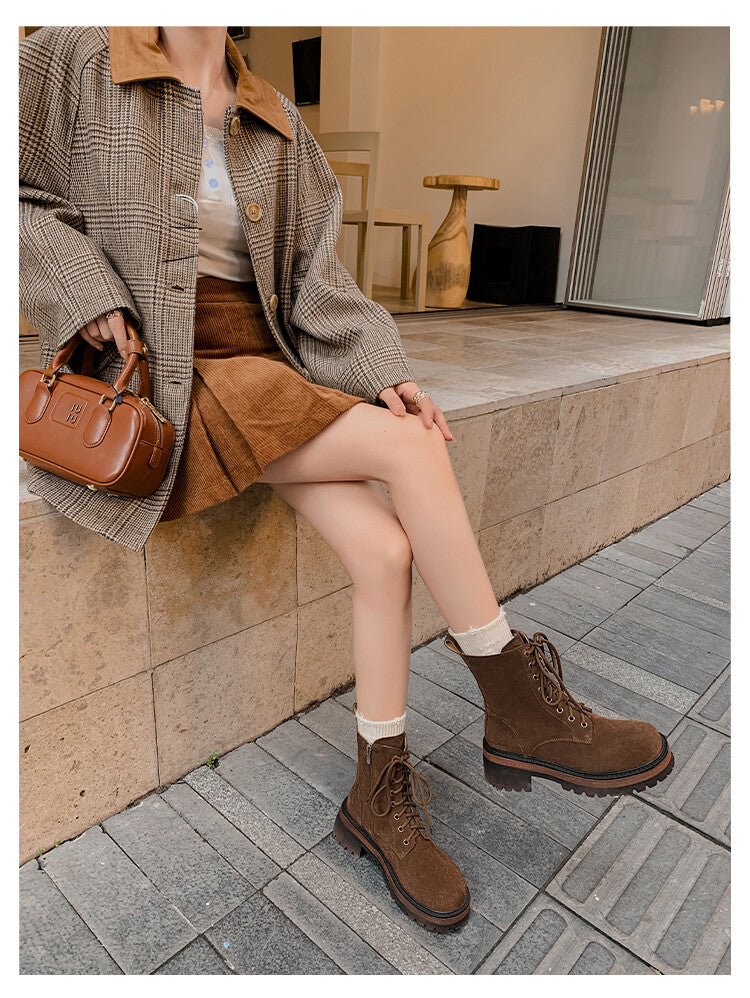 Karin Luna In Stock Spot Goods   Vintage Cowhide Leather Classic Versatile Popular Lace-up Thick Martin Boots