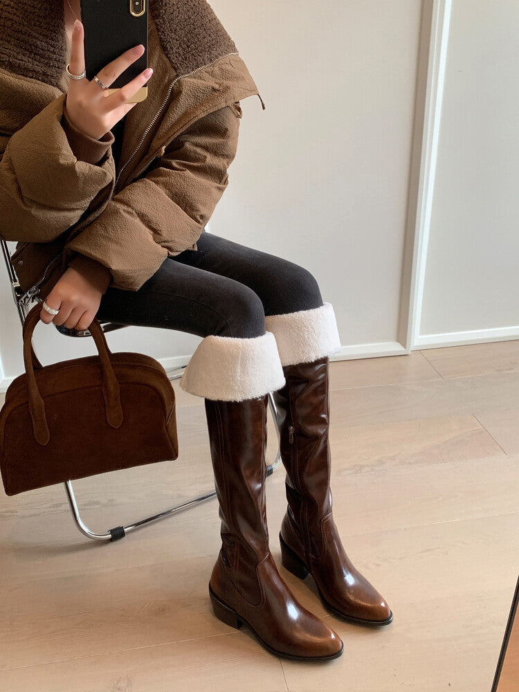 Karin Luna exploded  Three versions exploded Single Fleece Lining Fur Collar Version  Thick Fur Collar Foldable Hot-Selling Full Cowhide Pointed Toe Chunky Heel Classic Style