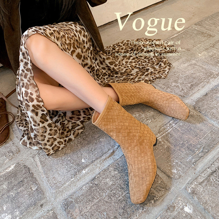 Karin Luna Handmade Woven Fabric Small Square Toe Hidden Heel Short Boots