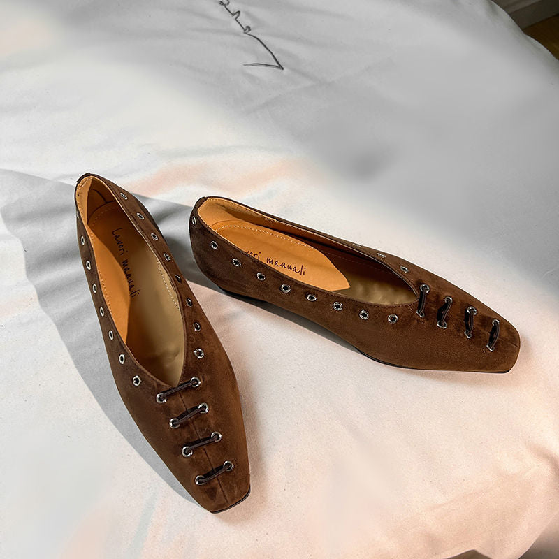 Karin Luna In Stock Spot Goods    Old Money Style Square Toe Suede Flats