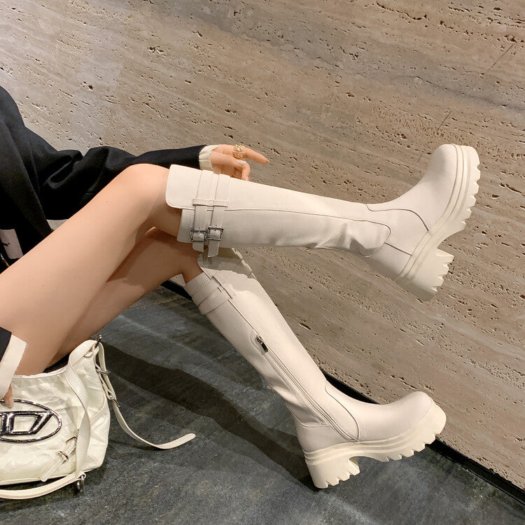 Karin Luna In Stock Best-selling in stock   Super Soft Sheepskin  Round Toe Thick Sole Vintage Belt Buckle Long Boots
