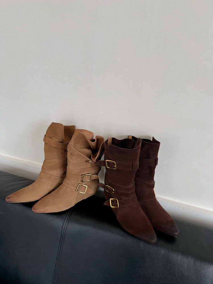 Karin Luna Cow Leather Small Square Toe Belt Buckle Fashion Boots