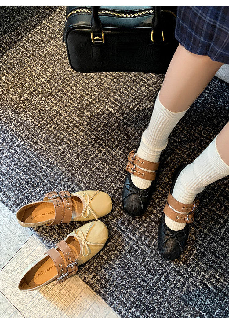 Karin Luna In Stock Spot Goods Minimalist Retro Round Toe Mary Jane Bowknot Height-Increasing Flats