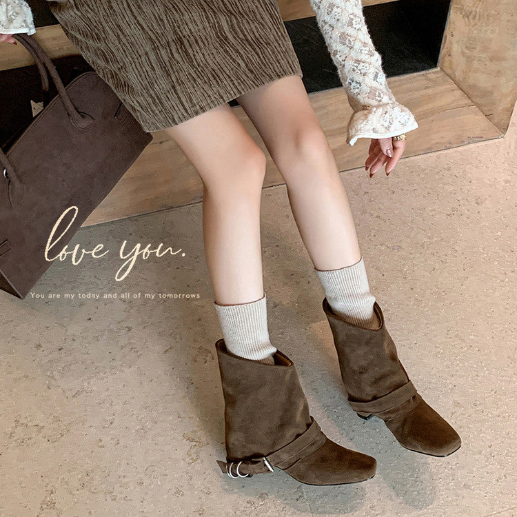 Karin Luna Data Hot Item Square Toe Hidden Wedge Belt Buckle Suede Ankle Boots