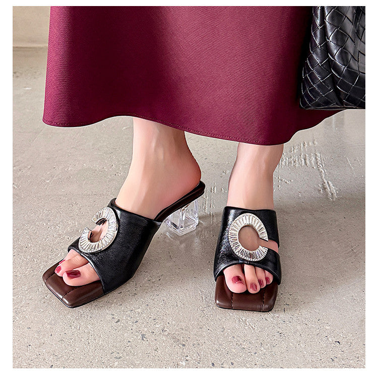 Karin Luna In Stock  Spot Goods  Large Rhinestone Square-Toed Crystal Heel Slippers