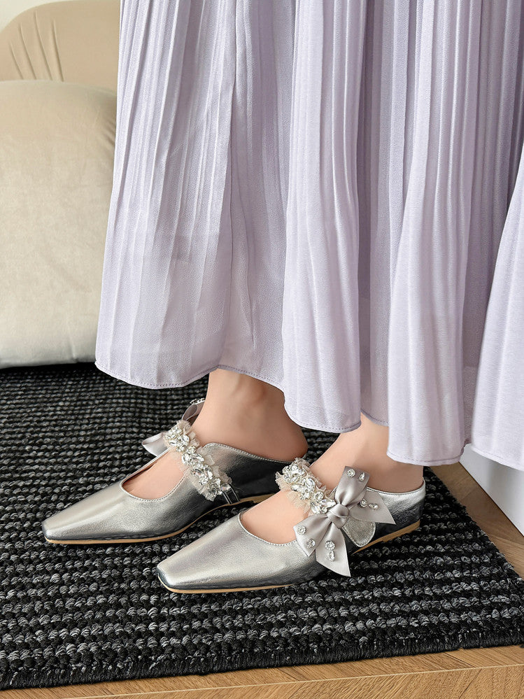 Karin Luna Handmade One-Strap Rhinestone Ribbon Square-Toe Mules