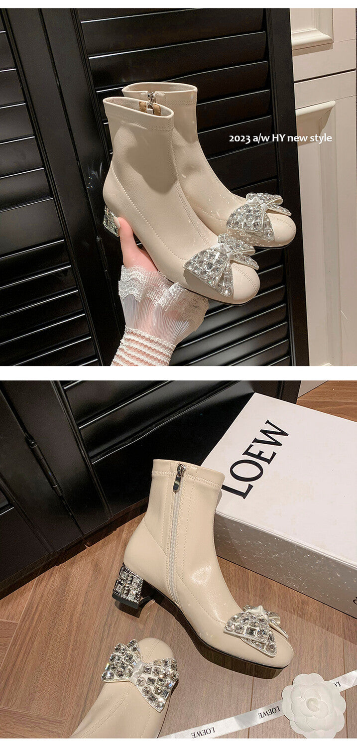 Karin Luna In Stock   Rhinestone Bow Thick Heel Slim Boots