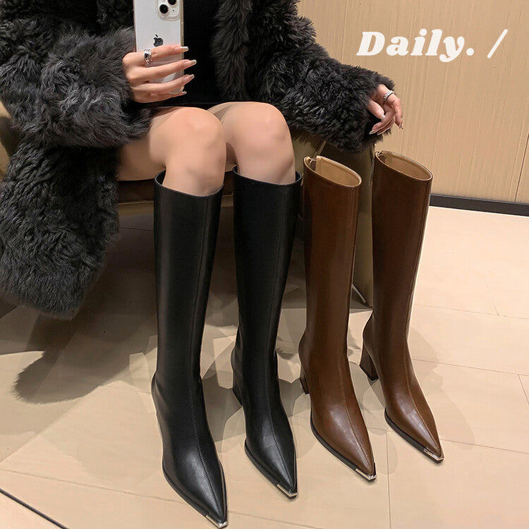 Karin Luna In Stock  In Stock Elegant Metal Pointed Toe Chunky Heel Full Cowhide Leather Riding Boots