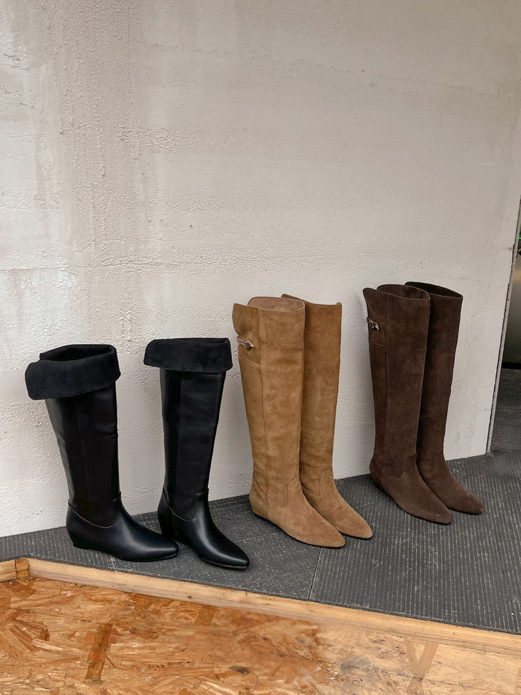 Karin Luna In Stock Spot Goods Vintage Cowhide Leather Two-Way Wear Pointed Toe Height-Increasing Long Boots
