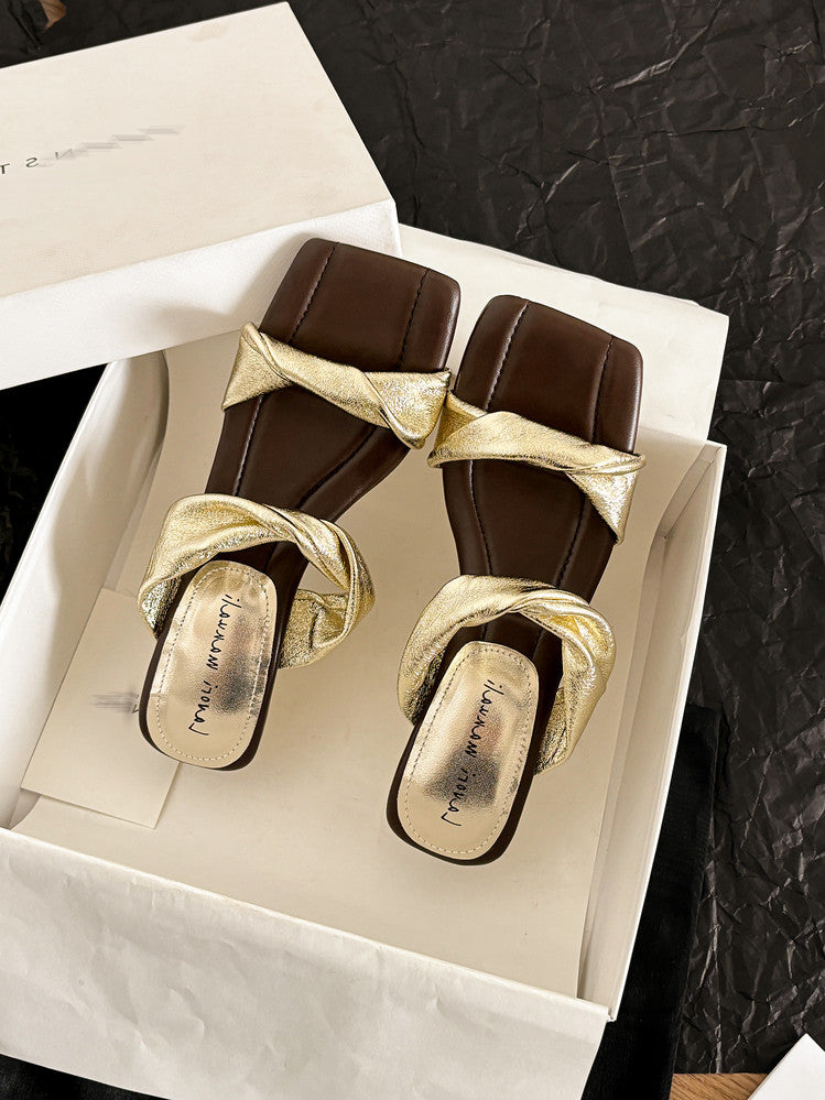 Karin Luna In Stock  Spot Goods   Square Toe One-Strap Irregular Heel Slippers