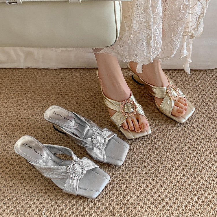 Karin Luna In Stock In Stock Elegant Square-Toe Cross-Strap Rhinestone Square-Toe Slippers