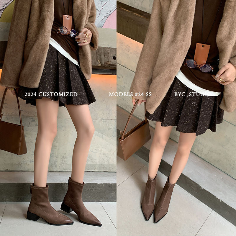 Karin Luna In Stock In Stock Elastic Slim Pointed Toe Chunky Heel Basic Ankle Boots