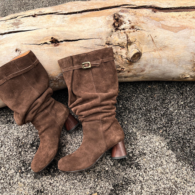 Karin Luna In Stock In Stock Mango Head Large Tube Belt Buckle Chunky Heel Long Boots