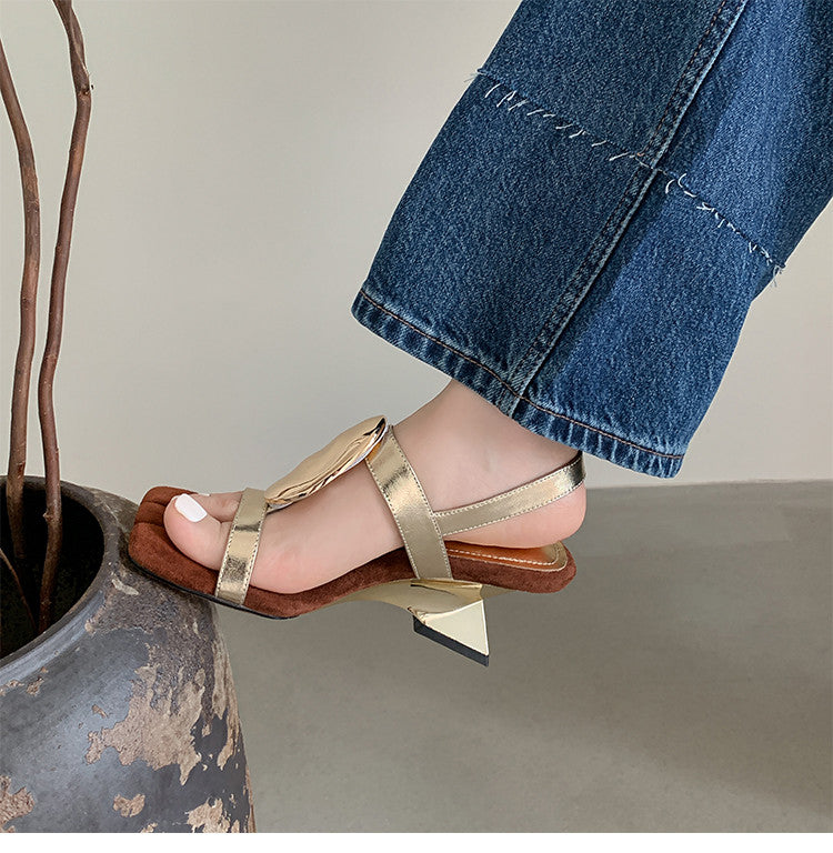 Karin Luna In Stock In Stock  Square Toe Suede Metal Heel Elegant Sandals