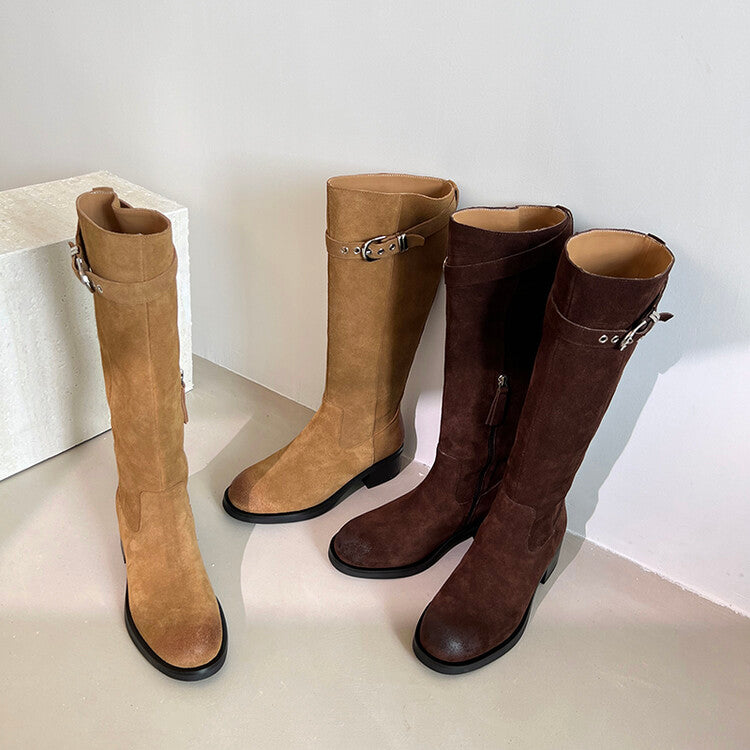Karin Luna Chunky Heels Round Head Belt Buckle  Fashionable Suede Boots