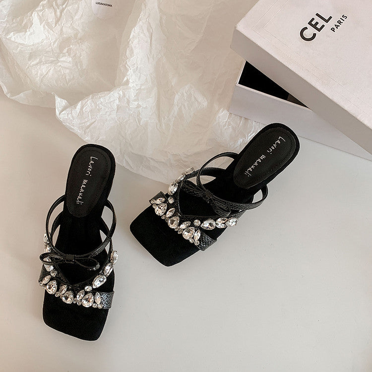 Karin Luna In Stock In Stock  Square Toe Rhinestone Bow Suede Slippers