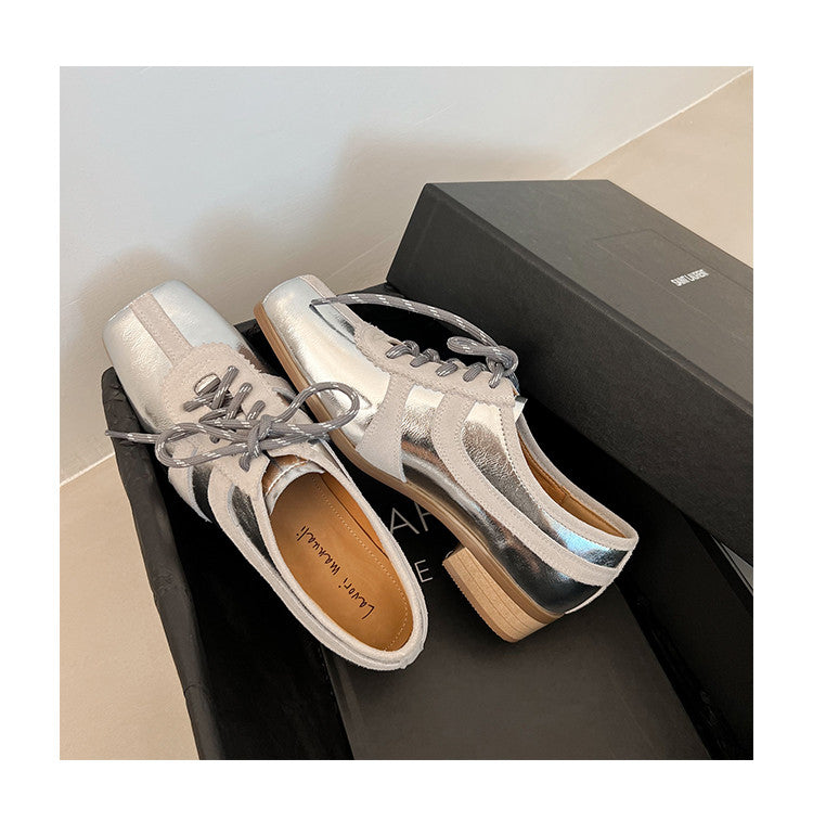 Karin Luna In Stock Spot Goods   Pig Nose Thin Strap Square Toe Patchwork Single Shoes