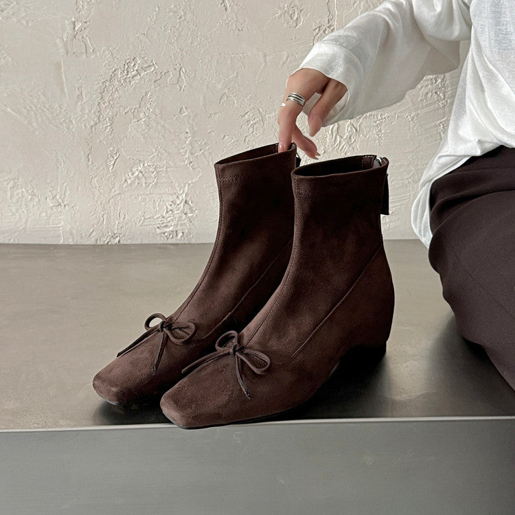 Karin Luna French Style Square Toe Bowknot Hidden Wedge Slim Boots