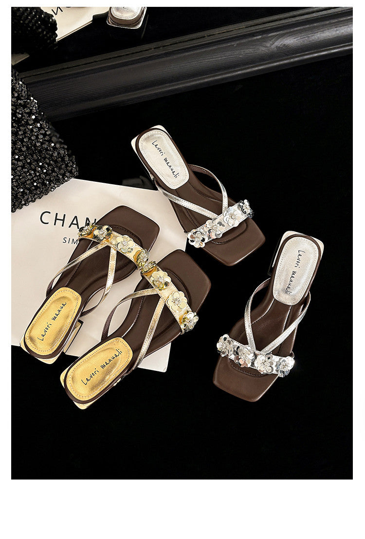 Karin Luna In Stock Spot Goods  One-Strap Sequin Floral Square-Toe Flat Slippers
