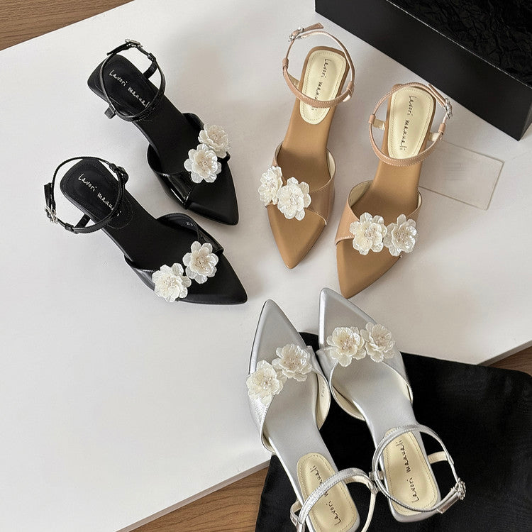 Karin Luna In Stock Spot Goods  Classic Camellia Pointed Toe Elegant Irregular Heel Sandals