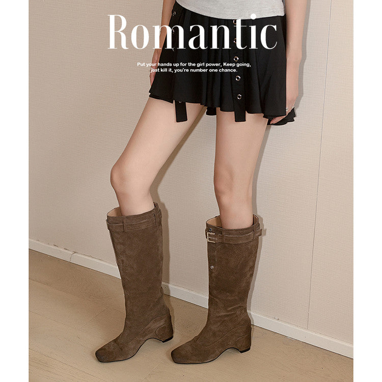 Karin Luna Belt Buckle Elegant Chunky Heel Suede Western Boots