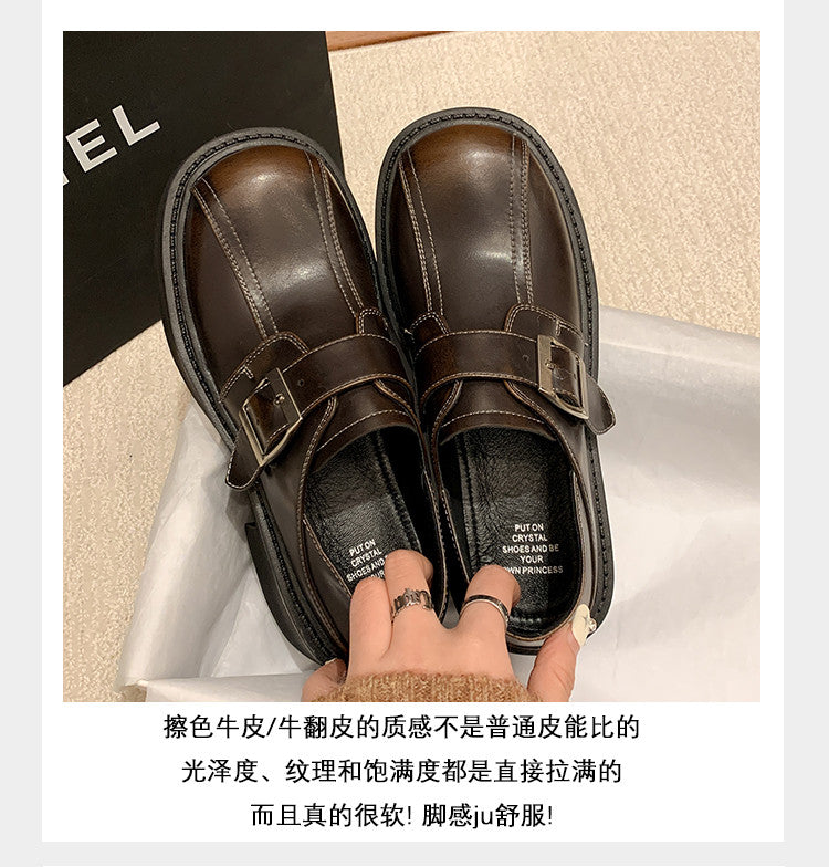 Karin Luna In Stock Spot Goods Metal Round Toe Cow Leather Thick Sole Flats