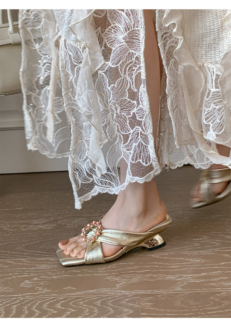 Karin Luna In Stock In Stock Elegant Square-Toe Cross-Strap Rhinestone Square-Toe Slippers
