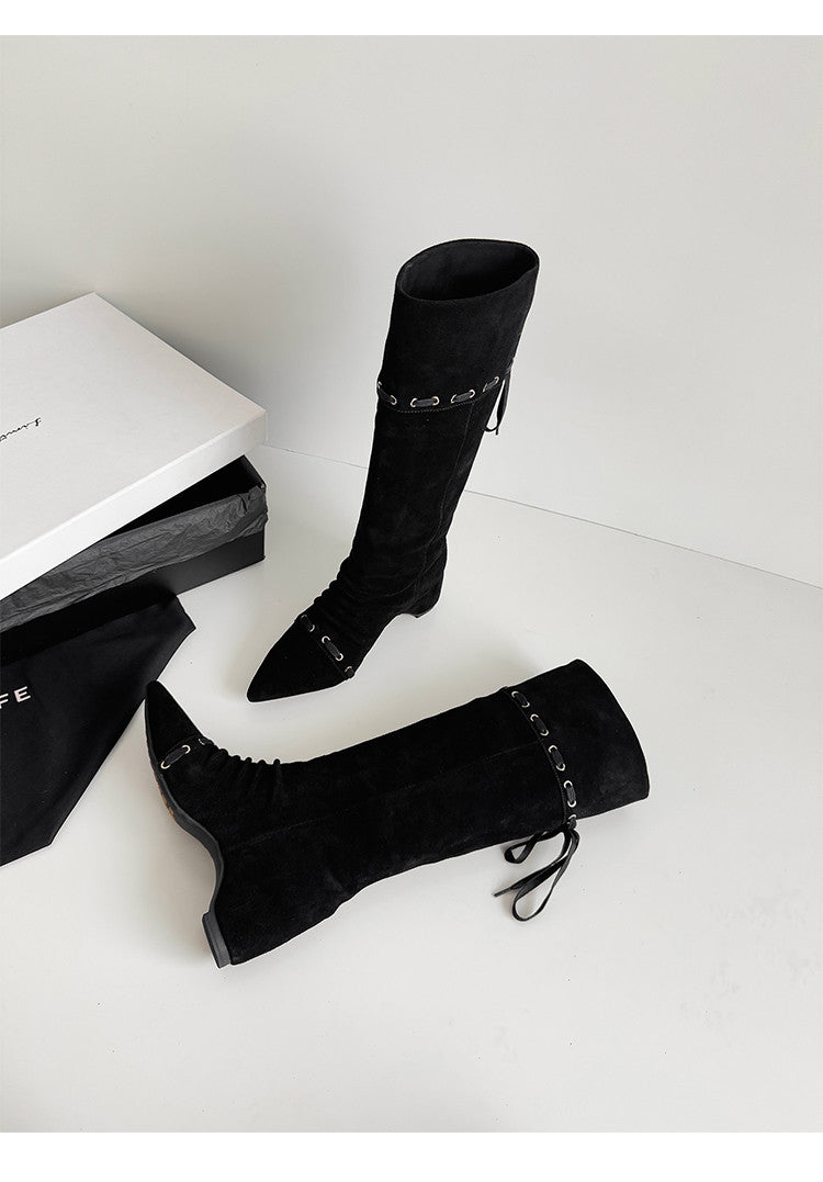 Karin Luna Elegant Style  Pointed Toe Pleated Hidden Wedge Western Boots