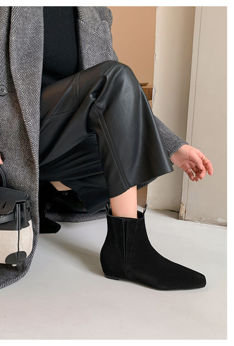 Karin Luna Classic Style Internal Height Increase Cowhide Leather Small Square Toe Short Fashion Boots