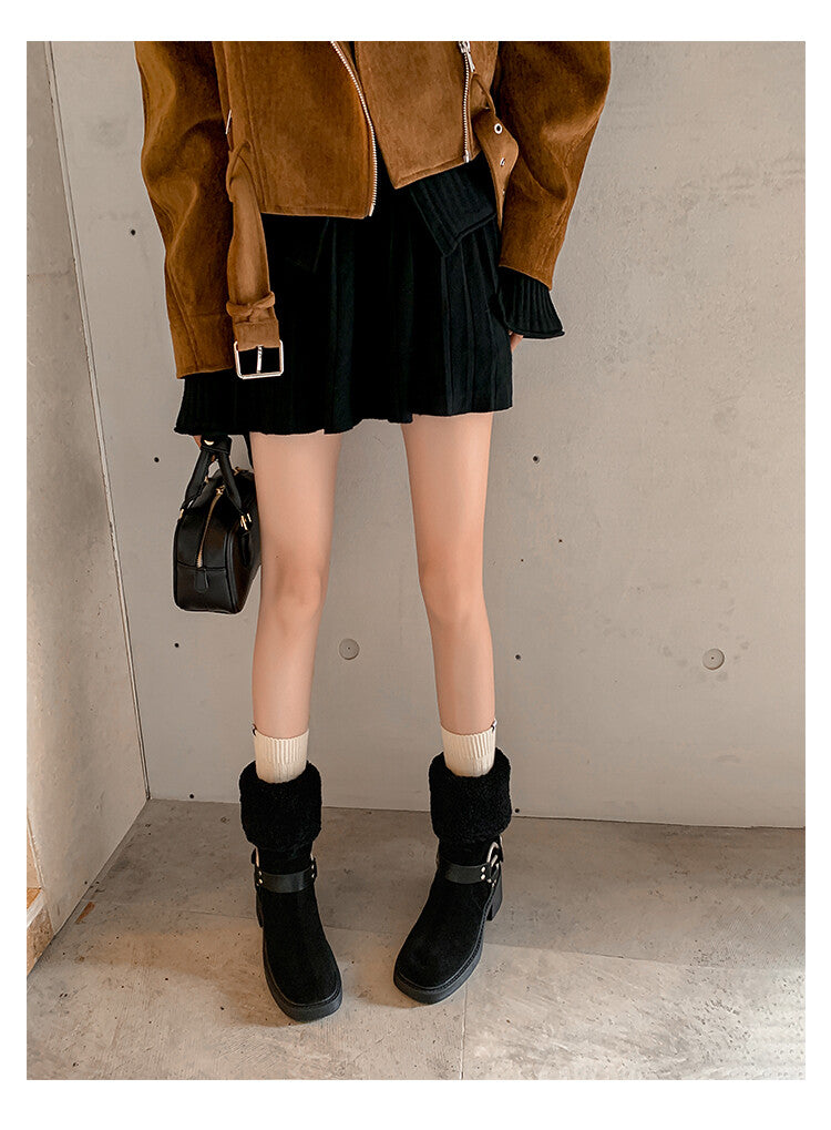 Karin Luna Genuine Lamb Wool and Cowhide Leather Hot-selling Metal Buckle Round Toe Chunky Heel Main Push Main Push
