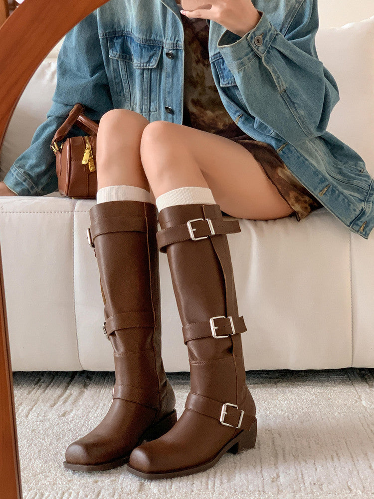 Karin Luna In Stock In Stock European and American Style Square Toe Thick Sole Belt Buckle Long Boots