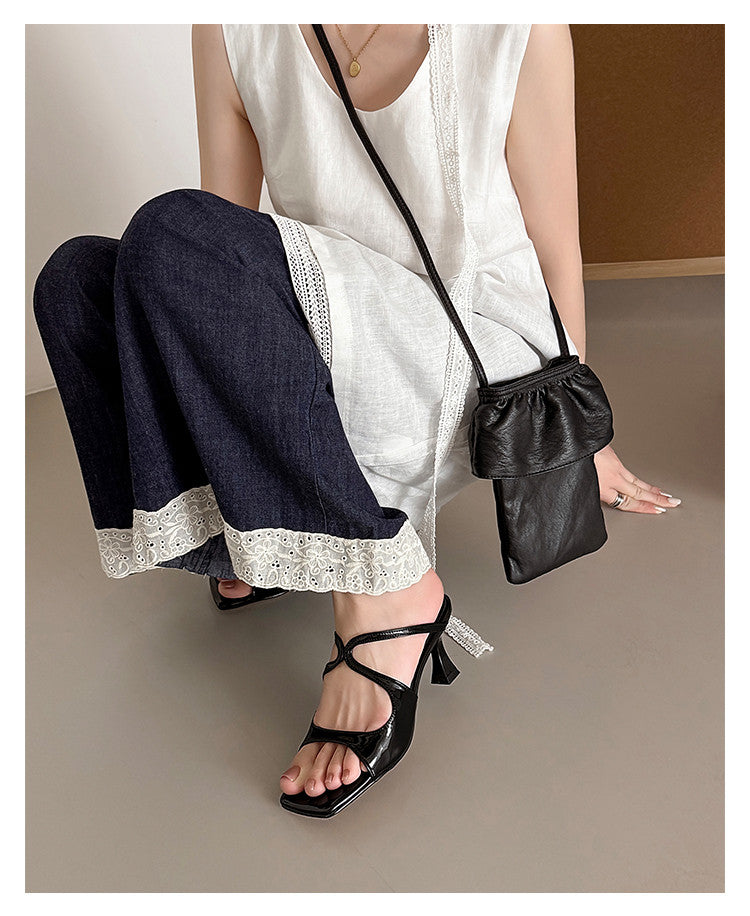 Karin Luna French Retro Square Toe Wrap Strap Open-Toe Slippers