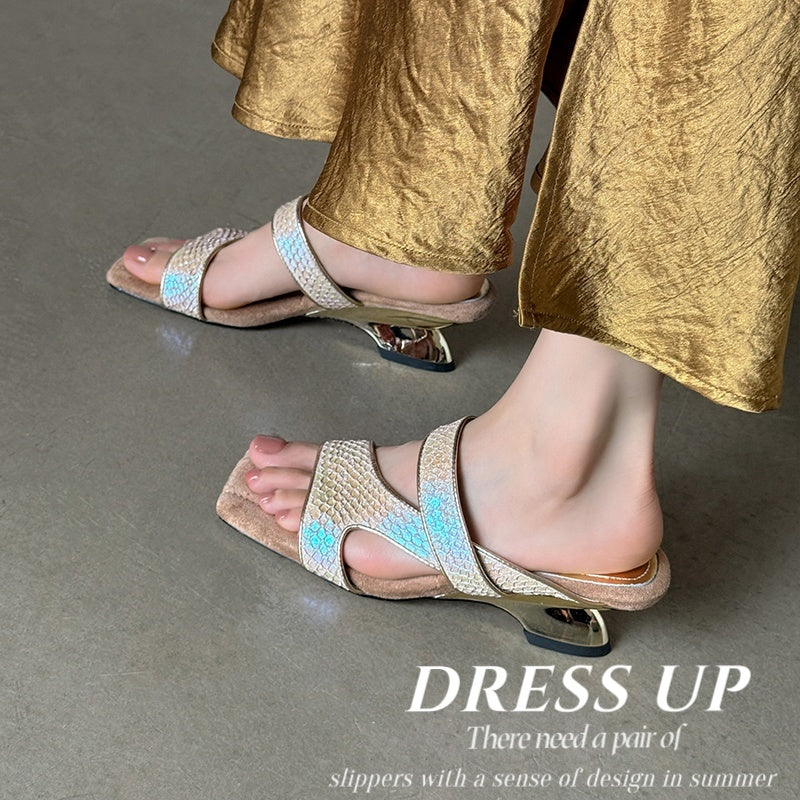 Karin Luna Fish Skin Series~Minimalist Square Toe Popular Irregular Heel Slippers