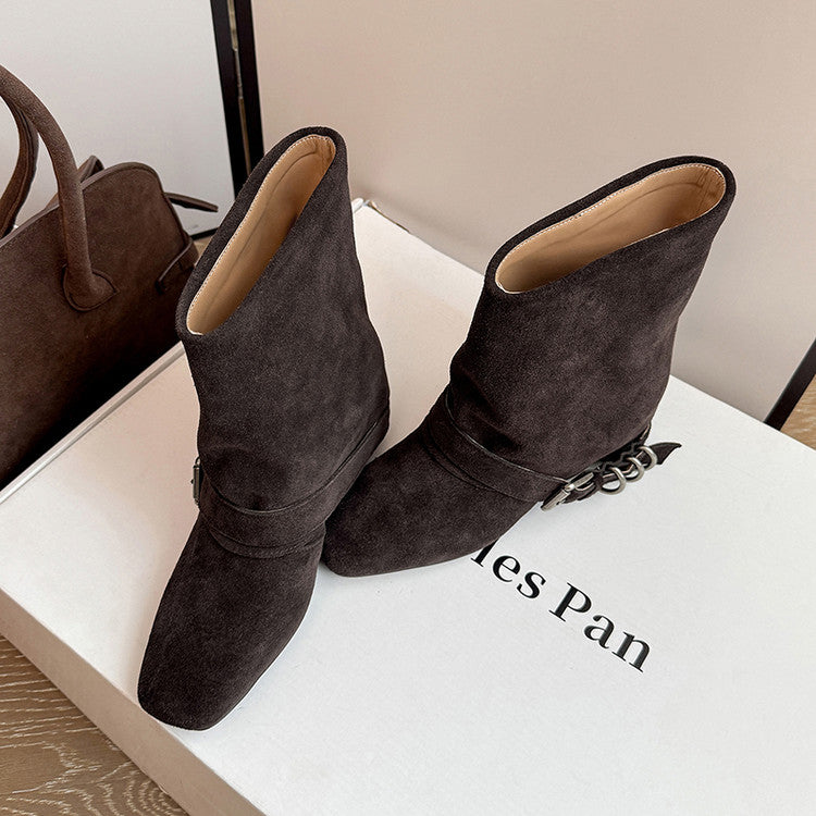 Karin Luna Data Hot Item Square Toe Hidden Wedge Belt Buckle Suede Ankle Boots
